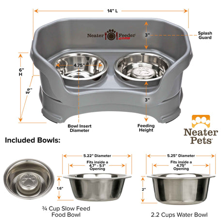 Gunmetal SMALL DELUXE Neater Feeder with Stainless Steel Slow Feed Bowl dimensions