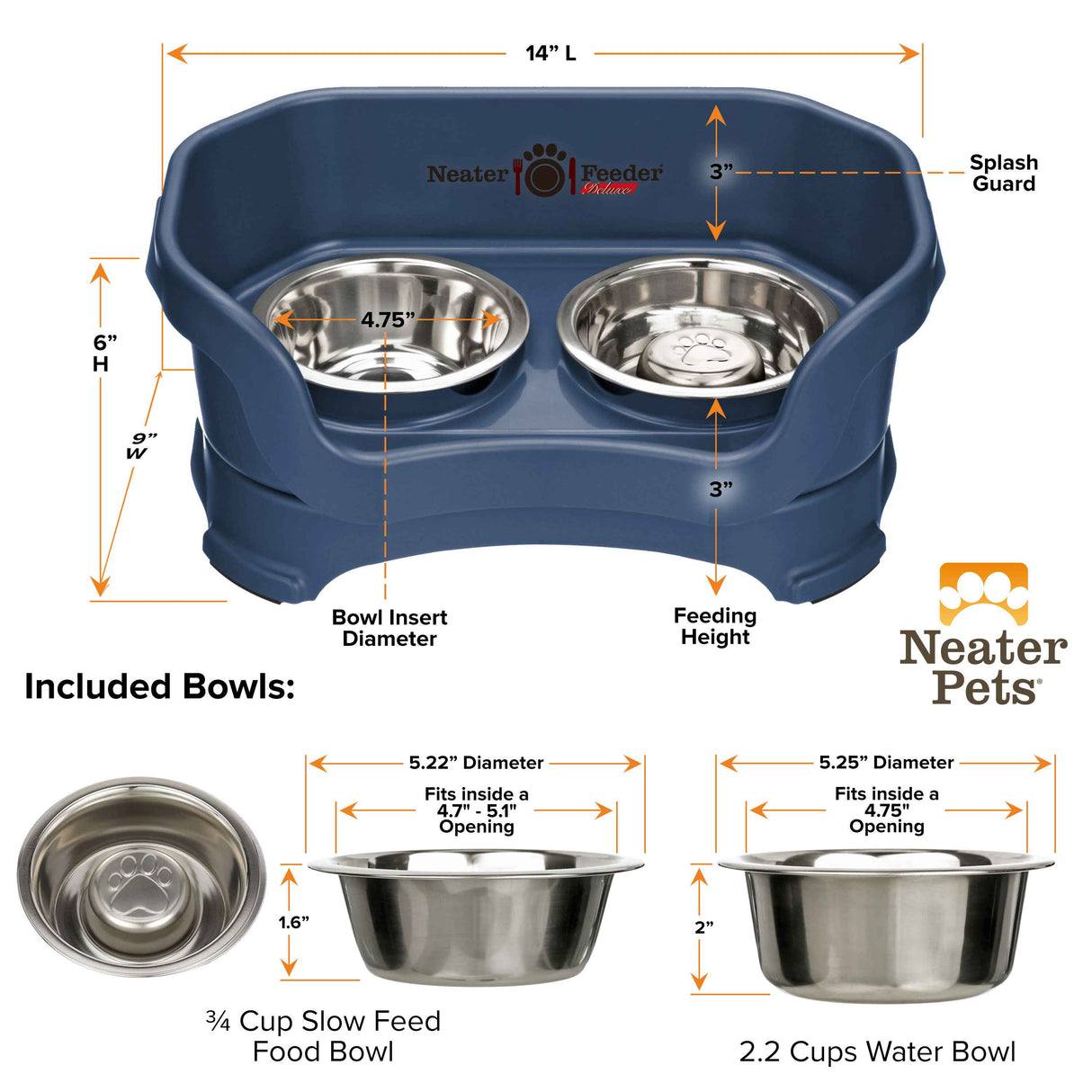 Dark Blue SMALL DELUXE Neater Feeder with Stainless Steel Slow Feed Bowl dimensions