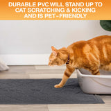 Cat using a litter box on a gray mat with text about durable PVC material