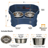 Dark Blue medium DELUXE Neater Feeder with Stainless Steel Slow Feed Bowl dimensions