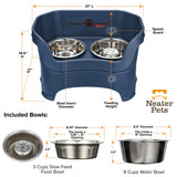 dimensions of the Dark Blue large DELUXE Neater Feeder with Stainless Steel Slow Feed Bowl