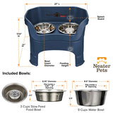 dimensions of dark blue large DELUXE Neater Feeder with Stainless Steel Slow Feed Bowl with leg extensions