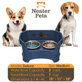 Dark Blue medium DELUXE Neater Feeder with Stainless Steel Slow Feed Bowl information chart