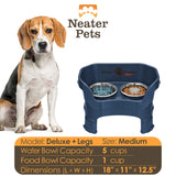 Information chart of Dark Blue medium DELUXE Neater Feeder with Stainless Steel Slow Feed Bowl with leg extensions