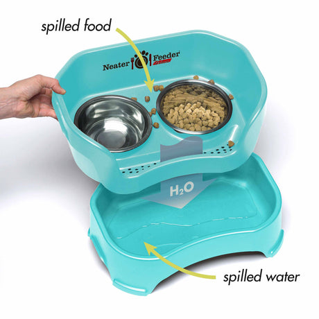 Image showing how the Neater Feeder works - spilled food stays on top while spilled water flows to the bottom