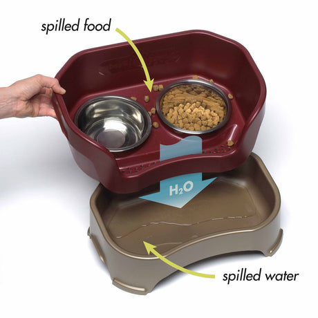 Image showing how the Neater Feeder works - spilled food stays on top while spilled water flows to the bottom