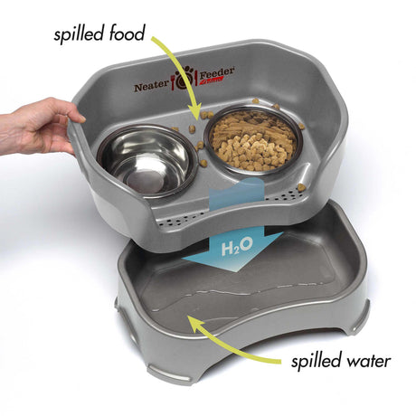 Image showing how the Neater Feeder works - spilled food stays on top while spilled water flows to the bottom