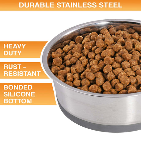 Stainless steel dog food bowl with kibble, featuring durability text on an orange background.