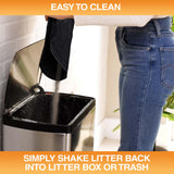 Woman pouring litter caught by the mat into a trash can