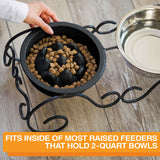 Woman placing The Niner inside the Wrought Iron feeder with text that says the bowl can fit into most raised feeders that hold 2-quart bowls.