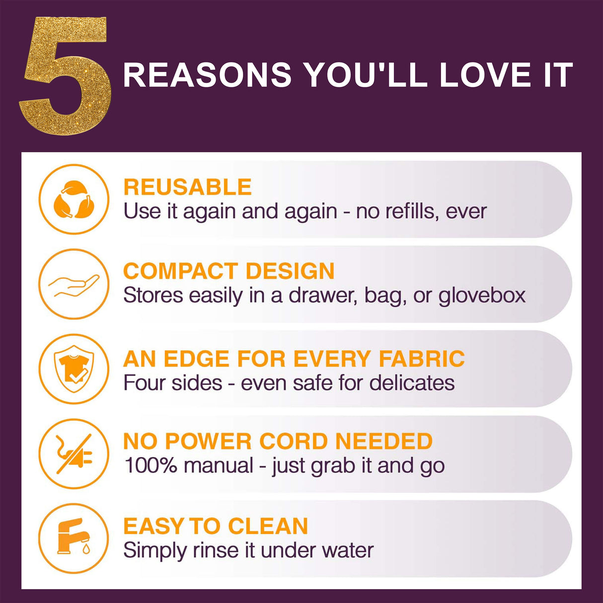 An informational graphic with a large gold '5' and the text 'REASONS YOU'LL LOVE IT' on a dark purple background, listing five product benefits: reusable, compact design, edge for every fabric, no power cord needed, and easy to clean.