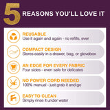An informational graphic with a large gold '5' and the text 'REASONS YOU'LL LOVE IT' on a dark purple background, listing five product benefits: reusable, compact design, edge for every fabric, no power cord needed, and easy to clean.