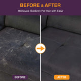 Before and after comparison showing a dark gray fabric sofa covered in white pet hair on the left, and clean and free of visible hair on the right. Text at the top reads 'BEFORE & AFTER' and 'Removes Stubborn Pet Hair with Ease'.