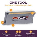 A gray pet hair and lint remover tool labeled FURDOZER X4 Hybrid, with numbered callouts pointing to four removal methods: Tough Metal Edge, Rubber Squeegees, and Large Rubber Squeegee. The image includes the text 'ONE TOOL. FOUR WAYS TO REMOVE PET HAIR’