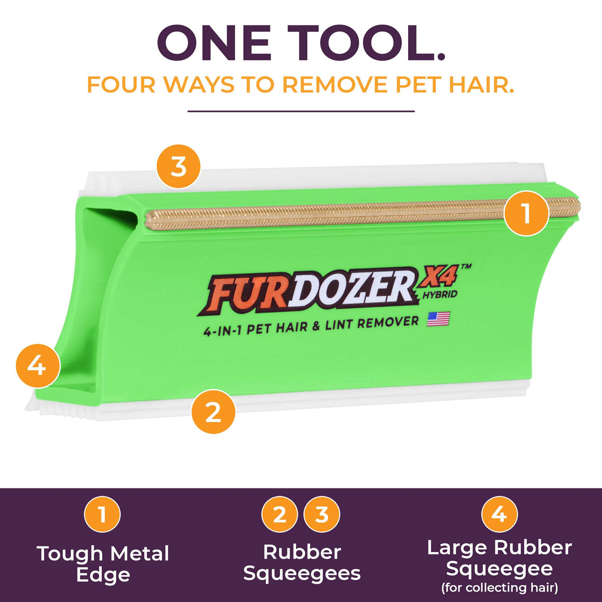 A green pet hair and lint remover tool labeled FURDOZER X4 Hybrid, with numbered callouts pointing to four removal methods: Tough Metal Edge, Rubber Squeegees, and Large Rubber Squeegee. The image includes the text 'ONE TOOL. FOUR WAYS TO REMOVE PET HAIR’