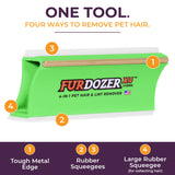 A green pet hair and lint remover tool labeled FURDOZER X4 Hybrid, with numbered callouts pointing to four removal methods: Tough Metal Edge, Rubber Squeegees, and Large Rubber Squeegee. The image includes the text 'ONE TOOL. FOUR WAYS TO REMOVE PET HAIR’
