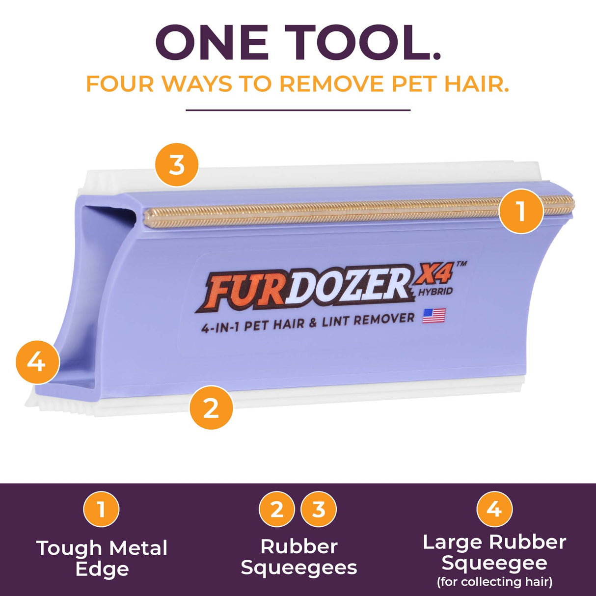 A purple pet hair and lint remover tool labeled FURDOZER X4 Hybrid, with numbered callouts pointing to four removal methods: Tough Metal Edge, Rubber Squeegees, and Large Rubber Squeegee. The image includes the text 'ONE TOOL. FOUR WAYS TO REMOVE PET HAIR’