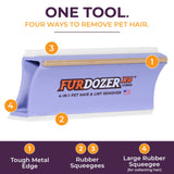 A purple pet hair and lint remover tool labeled FURDOZER X4 Hybrid, with numbered callouts pointing to four removal methods: Tough Metal Edge, Rubber Squeegees, and Large Rubber Squeegee. The image includes the text 'ONE TOOL. FOUR WAYS TO REMOVE PET HAIR’