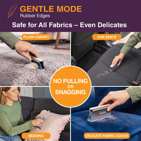 A collage for a pet hair remover tool, showing a person using the tool to lift embedded hair from carpets, car seats, bedding, and a velvet couch. The image includes text labels such as ‘GENTLE MODE Rubber Edges’, ‘Safe for All Fabrics - Even Delicates’, ‘NO PULLING OR SNAGGING’, ‘PLUSH CARPET', 'CAR SEATS’, ‘BEDDING’, and ‘DELICATE FABRIC COUCH'.
