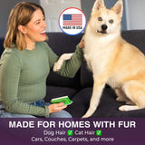 A woman sitting on a dark couch pets a fluffy cream-colored dog while holding a FurDozer pet hair remover. A circular badge says 'Made in USA' and text at the bottom reads 'Made for Homes with Fur' with checkmarks for dog hair, cat hair, cars, couches, and carpets.
