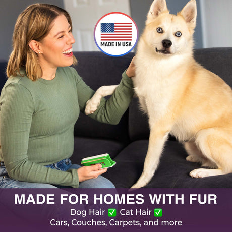 A woman sitting on a dark couch pets a fluffy cream-colored dog while holding a FurDozer pet hair remover. A circular badge says 'Made in USA' and text at the bottom reads 'Made for Homes with Fur' with checkmarks for dog hair, cat hair, cars, couches, and carpets.