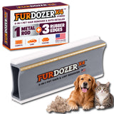 FurDozer X4 Hybrid pet hair remover tool shown with its retail box, plus a golden retriever and a tabby cat on a white background. The product is gray and white rectangular tool with a gold metal rod and rubber edges, and the box highlights a 4-in-1 pet hair remover and auto detailer function.
