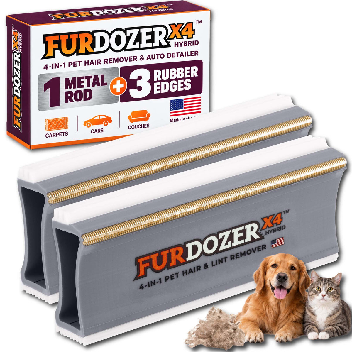 Two FurDozer X4 Hybrid pet hair remover tools shown with its retail box, plus a golden retriever and a tabby cat on a white background. The product is gray and white rectangular tool with a gold metal rod and rubber edges, and the box highlights a 4-in-1 pet hair remover and auto detailer function.