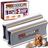 Two FurDozer X4 Hybrid pet hair remover tools shown with its retail box, plus a golden retriever and a tabby cat on a white background. The product is gray and white rectangular tool with a gold metal rod and rubber edges, and the box highlights a 4-in-1 pet hair remover and auto detailer function.