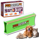 FurDozer X4 Hybrid pet hair remover tool shown with its retail box, plus a golden retriever and a tabby cat on a white background. The product is green and white rectangular tool with a gold metal rod and rubber edges, and the box highlights a 4-in-1 pet hair remover and auto detailer function.