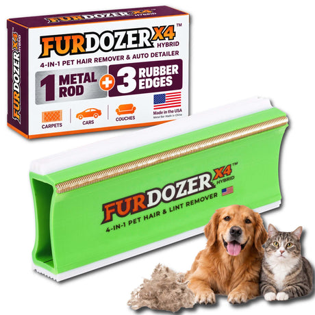 FurDozer X4 Hybrid pet hair remover tool shown with its retail box, plus a golden retriever and a tabby cat on a white background. The product is green and white rectangular tool with a gold metal rod and rubber edges, and the box highlights a 4-in-1 pet hair remover and auto detailer function.