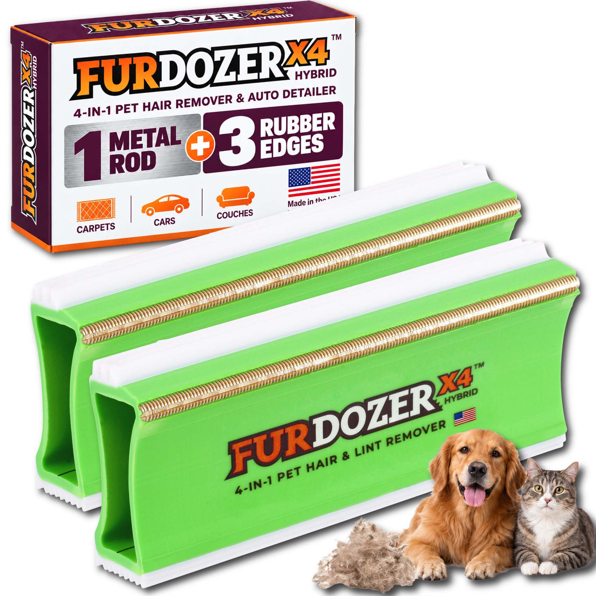 Two FurDozer X4 Hybrid pet hair remover tools shown with its retail box, plus a golden retriever and a tabby cat on a white background. The product is green and white rectangular tool with a gold metal rod and rubber edges, and the box highlights a 4-in-1 pet hair remover and auto detailer function.