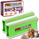 Two FurDozer X4 Hybrid pet hair remover tools shown with its retail box, plus a golden retriever and a tabby cat on a white background. The product is green and white rectangular tool with a gold metal rod and rubber edges, and the box highlights a 4-in-1 pet hair remover and auto detailer function.