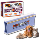 FurDozer X4 Hybrid pet hair remover tool shown with its retail box, plus a golden retriever and a tabby cat on a white background. The product is a light purple and white rectangular tool with a gold metal rod and rubber edges, and the box highlights a 4-in-1 pet hair remover and auto detailer function.