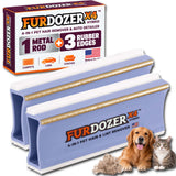 Two FurDozer X4 Hybrid pet hair remover tools shown with its retail box, plus a golden retriever and a tabby cat on a white background. The product is a light purple and white rectangular tool with a gold metal rod and rubber edges, and the box highlights a 4-in-1 pet hair remover and auto detailer function.