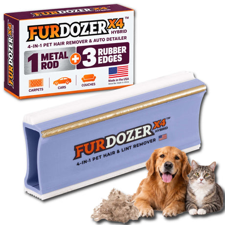 FurDozer X4 Hybrid pet hair remover tool shown with its retail box, plus a golden retriever and a tabby cat on a white background. The product is a light purple and white rectangular tool with a gold metal rod and rubber edges, and the box highlights a 4-in-1 pet hair remover and auto detailer function.