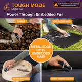 A collage for a metal bar pet hair remover tool, showing a person using the tool to lift embedded hair from carpets, car floor mats, pet furniture, and a heavy fabric couch. The image includes text labels such as 'TOUGH MODE Metal Bar', 'Power Through Embedded Fur', 'METAL EDGE LIFTS EMBEDDED HAIR', 'CARPET', 'CAR FLOOR MATS', 'PET FURNITURE', and 'HEAVY FABRIC COUCH'.
