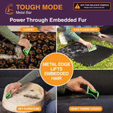 A collage for a metal bar pet hair remover tool, showing a person using the tool to lift embedded hair from carpets, car floor mats, pet furniture, and a heavy fabric couch. The image includes text labels such as 'TOUGH MODE Metal Bar', 'Power Through Embedded Fur', 'METAL EDGE LIFTS EMBEDDED HAIR', 'CARPET', 'CAR FLOOR MATS', 'PET FURNITURE', and 'HEAVY FABRIC COUCH'.