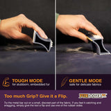 A split-screen demonstration of the FurDozer pet hair remover in two modes: 'Tough Mode' on the left and 'Gentle Mode' on the right. A human hand is shown holding the tool, demonstrating its grip on embedded fur on the left and its gentler interaction with delicate fabric on the right.