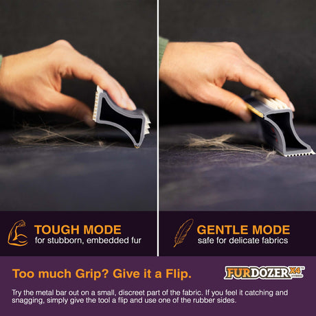A split-screen demonstration of the FurDozer pet hair remover in two modes: 'Tough Mode' on the left and 'Gentle Mode' on the right. A human hand is shown holding the tool, demonstrating its grip on embedded fur on the left and its gentler interaction with delicate fabric on the right.