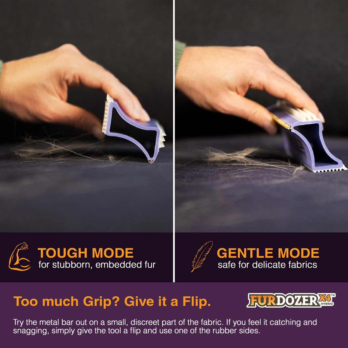 A split-screen demonstration of the FurDozer pet hair remover in two modes: 'Tough Mode' on the left and 'Gentle Mode' on the right. A human hand is shown holding the tool, demonstrating its grip on embedded fur on the left and its gentler interaction with delicate fabric on the right.