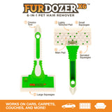 Diagram of the six features of the FurDozer X6: Main pad, crevice tool, large squeegee, serrated squeegee, small squeegee and lightly textured multi-ridge pad. Text on the bottom of the screen reads: Works on cars, carpets, couches, and more! 