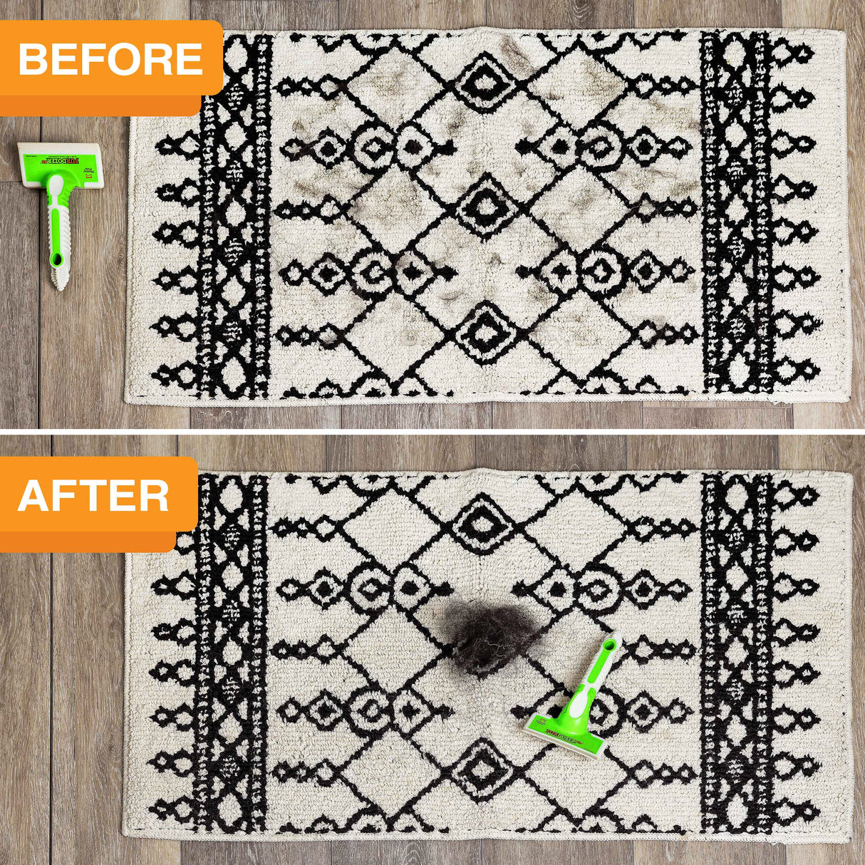 Black and white carpet before and after using the FurDozer