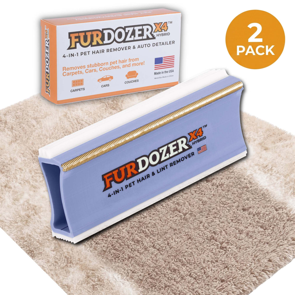 FurDozer X4 Pet Hair Remover and Lint Remover tool shown in front of its retail box on a beige shag rug with a streak of clean carpet under the FurDozer. There is an icon saying that it is a 2 pack. The FurDozer is a light purple/lavender color.