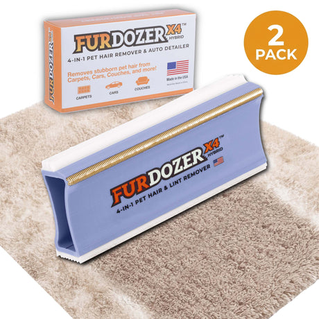 FurDozer X4 Pet Hair Remover and Lint Remover tool shown in front of its retail box on a beige shag rug with a streak of clean carpet under the FurDozer. There is an icon saying that it is a 2 pack. The FurDozer is a light purple/lavender color.