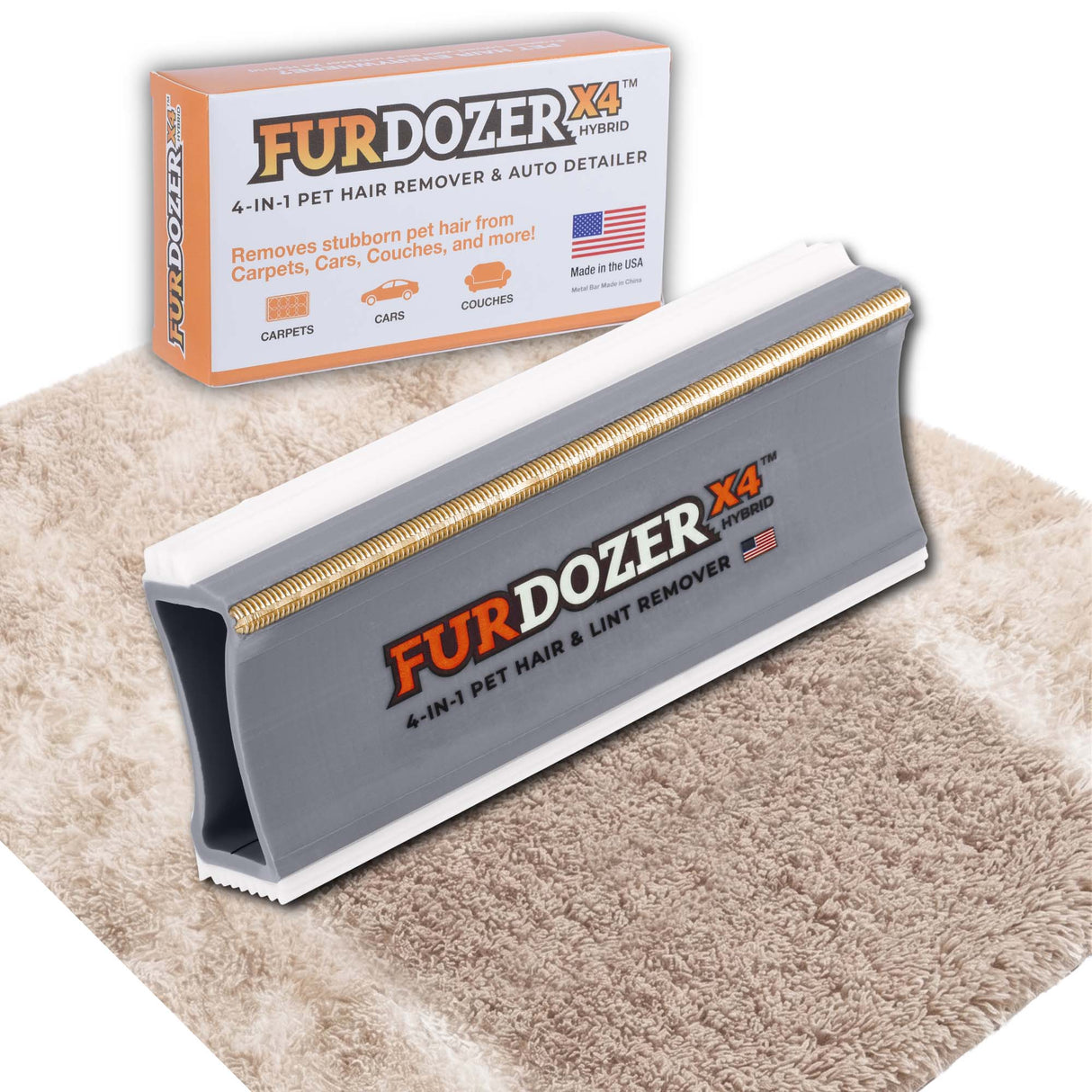 FurDozer X4 Pet Hair Remover and Lint Remover tool shown in front of its retail box on a beige shag rug with a streak of clean carpet under the FurDozer. The FurDozer is a gray color.