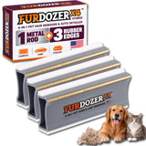 Three FurDozer X4 Hybrid pet hair remover tools shown with its retail box, plus a golden retriever and a tabby cat on a white background. The product is a gray and white rectangular tool with a gold metal rod and rubber edges, and the box highlights a 4-in-1 pet hair remover and auto detailer function.