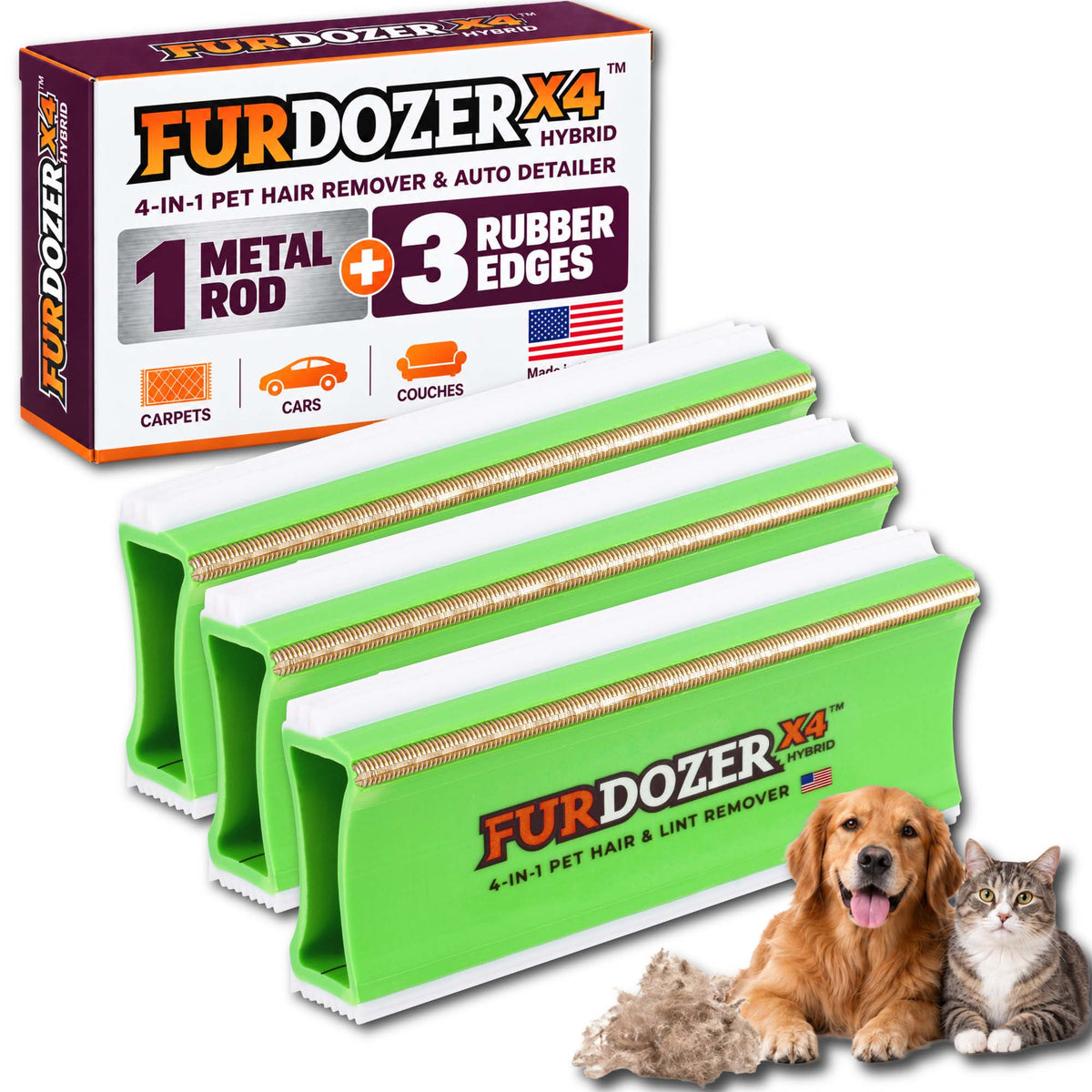 Three FurDozer X4 Hybrid pet hair remover tools shown with its retail box, plus a golden retriever and a tabby cat on a white background. The product is a green and white rectangular tool with a gold metal rod and rubber edges, and the box highlights a 4-in-1 pet hair remover and auto detailer function.