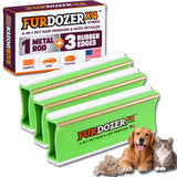 Three FurDozer X4 Hybrid pet hair remover tools shown with its retail box, plus a golden retriever and a tabby cat on a white background. The product is a green and white rectangular tool with a gold metal rod and rubber edges, and the box highlights a 4-in-1 pet hair remover and auto detailer function.
