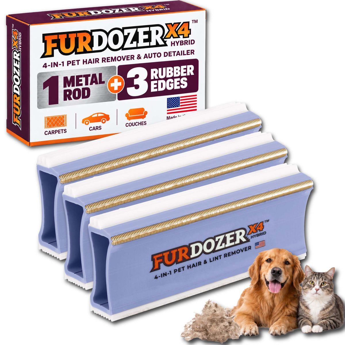 Three FurDozer X4 Hybrid pet hair remover tools shown with its retail box, plus a golden retriever and a tabby cat on a white background. The product is a light purple and white rectangular tool with a gold metal rod and rubber edges, and the box highlights a 4-in-1 pet hair remover and auto detailer function.