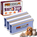 Three FurDozer X4 Hybrid pet hair remover tools shown with its retail box, plus a golden retriever and a tabby cat on a white background. The product is a light purple and white rectangular tool with a gold metal rod and rubber edges, and the box highlights a 4-in-1 pet hair remover and auto detailer function.